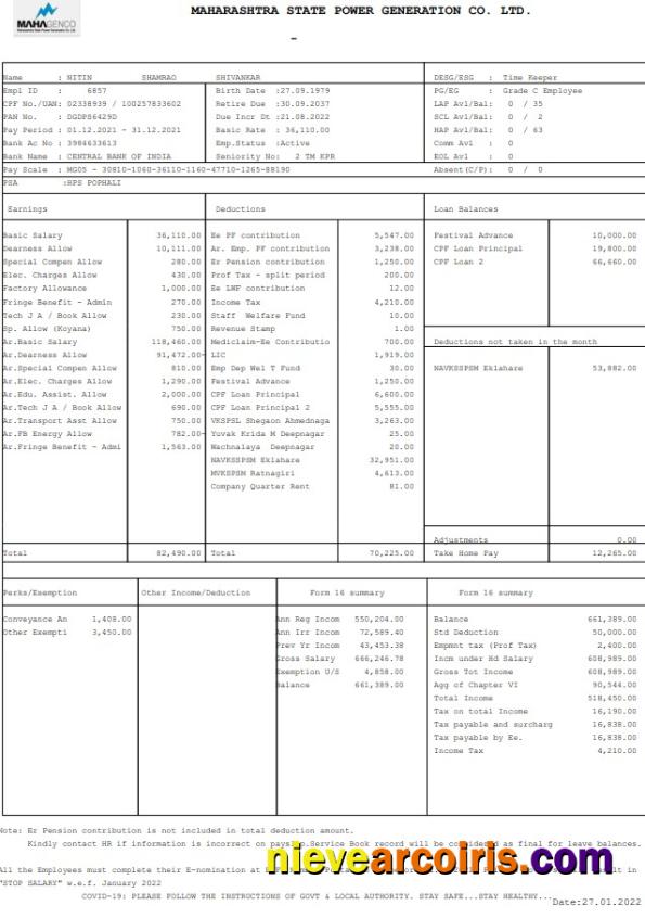 Maharashtara State Power generation Co. Paystub